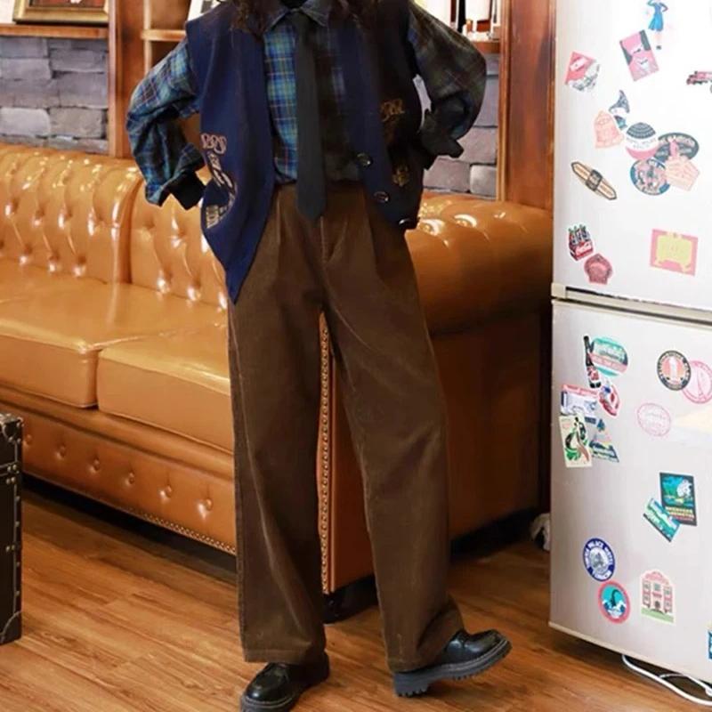 Women Korean Fashion Spring Fall Retro Straight High Waist Corduroy Pants Causal Full Length Trousers All Match Office Lady Pant