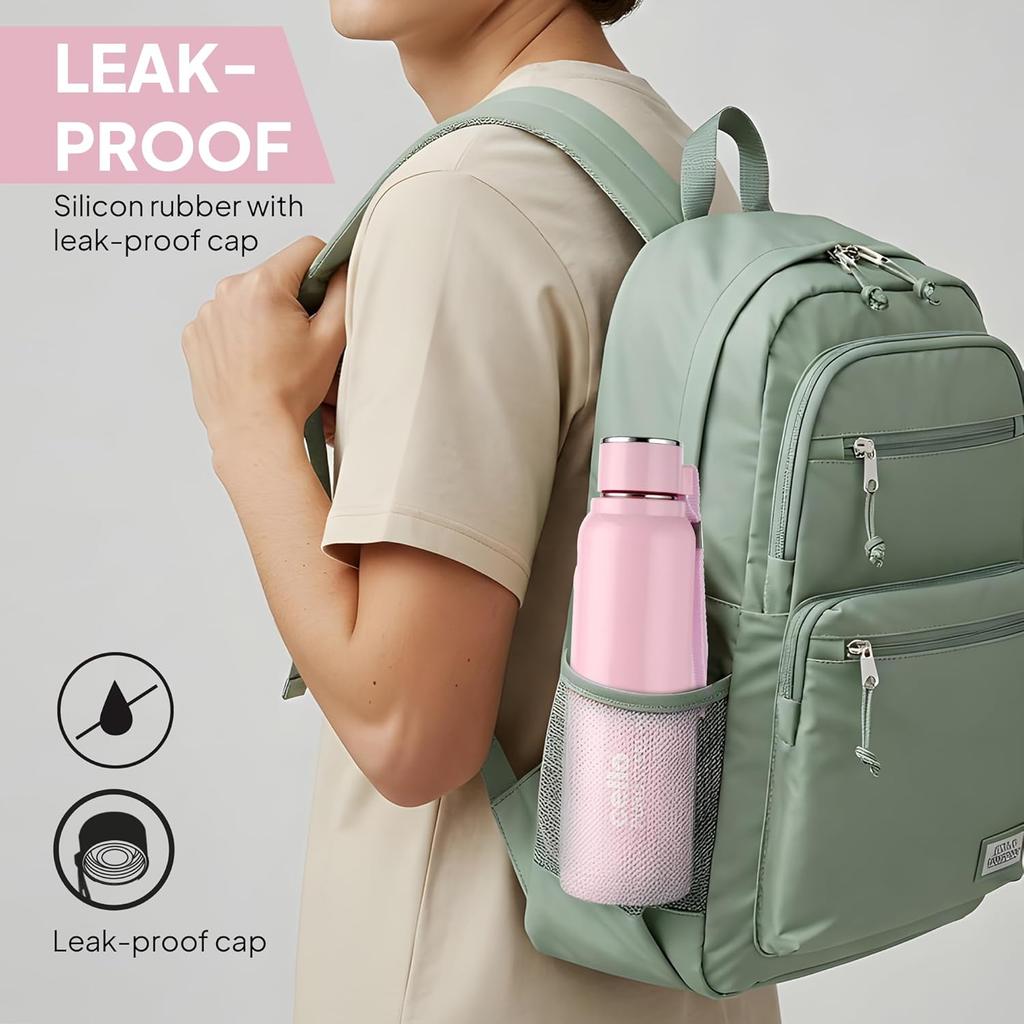 Insulated Water Bottle For Gym Travel And Office Use | BPA-Free Stainless Steel | Leakproof Pink Bottle With Wrist Strap For Outdoor Sports