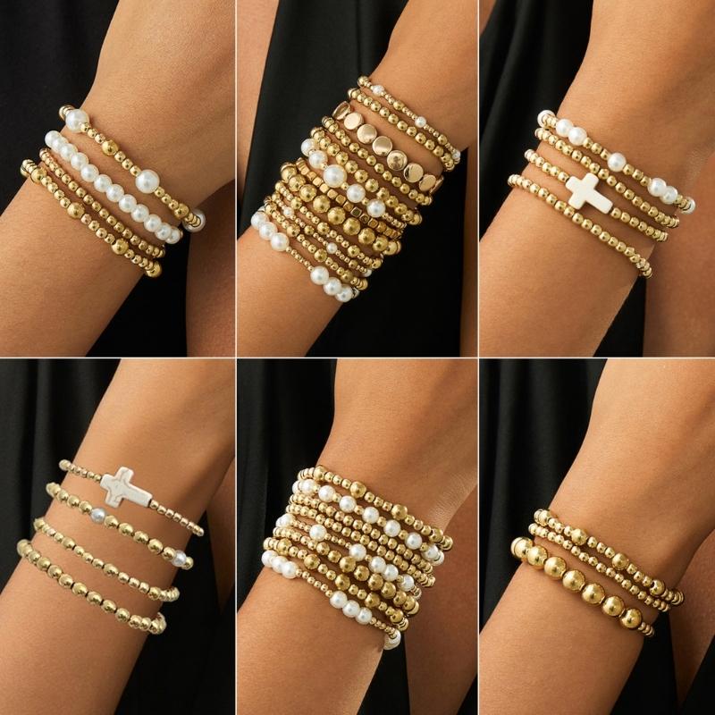 Hip Hop Styles Crosses Pendant Beaded Bracelet Set With Imitation Pearls for Layer Stackable Jewelry Gifts
