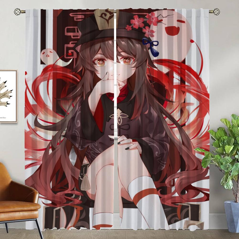 Genshin Impact Kitchen Curtains for Living Room Home Interior Curtains 2 Pieces Blackout Curtain Tulle for Bedroom Partition
