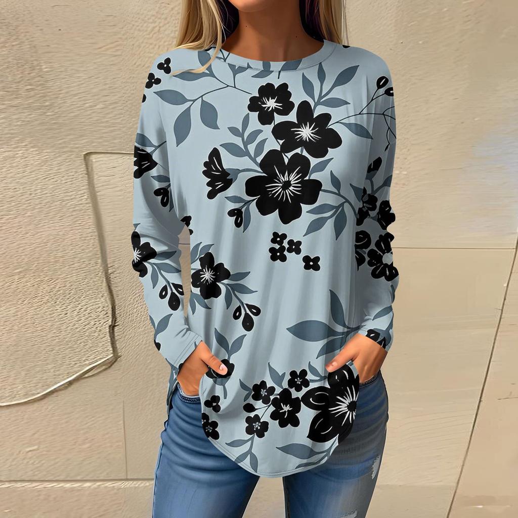 Women's Fashion Casual Round Neck Floral Long Sleeve T-shirt Pullover Long Sleeve Top