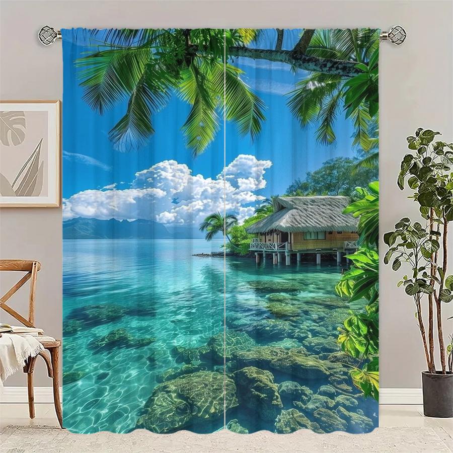 Sea-view Room Printed Curtains, Pole Bag Curtains, Christmas Decorations, Daily Home Decorations, Room Decorations