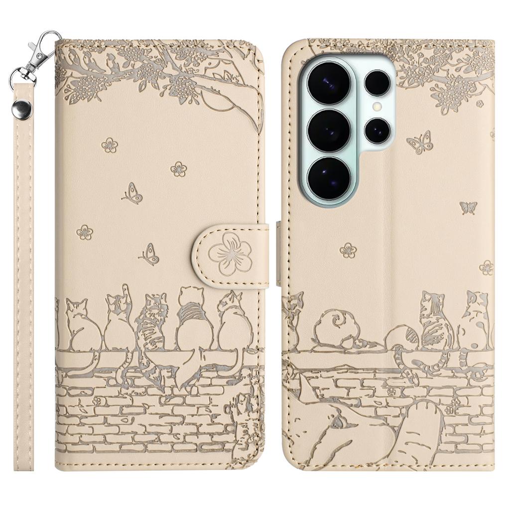 For Samsung Galaxy S26 Ultra Case with Wrist Strap Leather Phone Cover Wall Cats Pattern