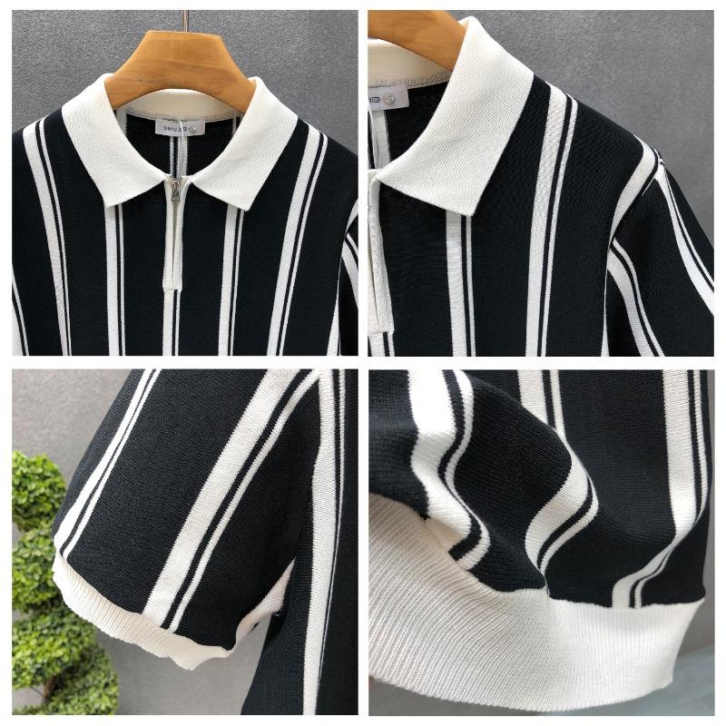 Summer Men's Knitting Stripe Short Sleeve T Shirt Men Casual Button Fashion Fashion Polo Shirt