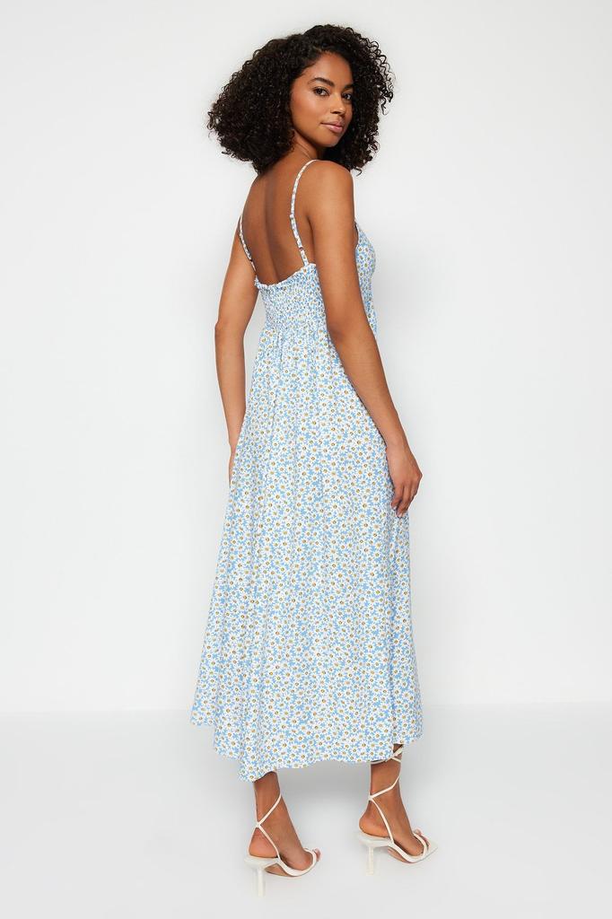 Women's Fashion Blue Floral Patterned Straight Cut Woven Dress with Tie Detail and Straps