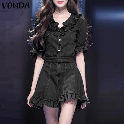 Women Summer V-Neck Puff Short Sleeve Ruffle Hem Dresses