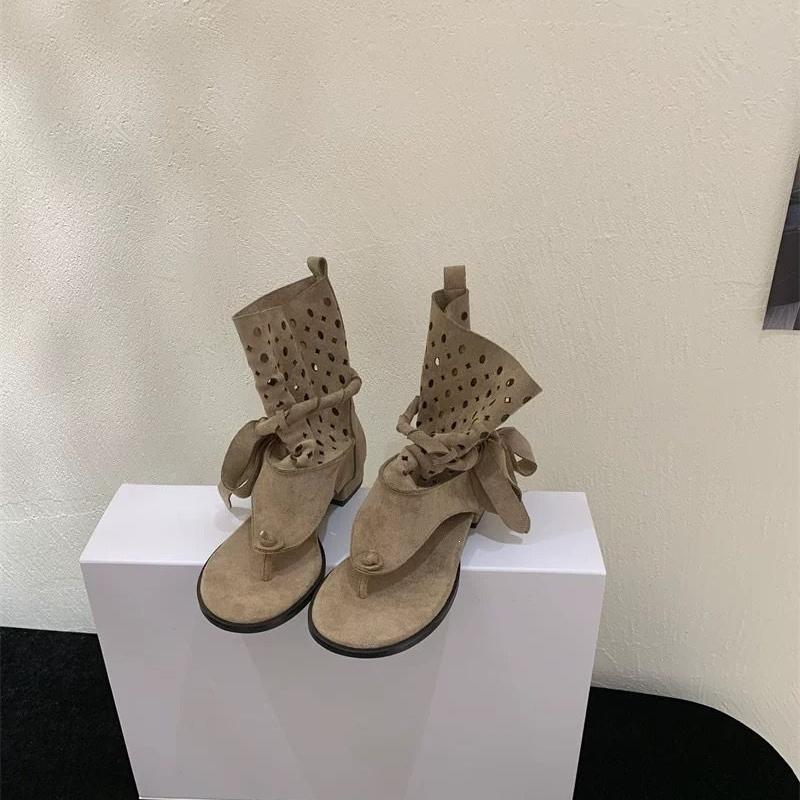 Hollow Out Women Mid Calf Sandals Boots Suede Clip Toe Thick Heel Gladiator Short Boots Retro Summer Daily Wear Beach Shoes