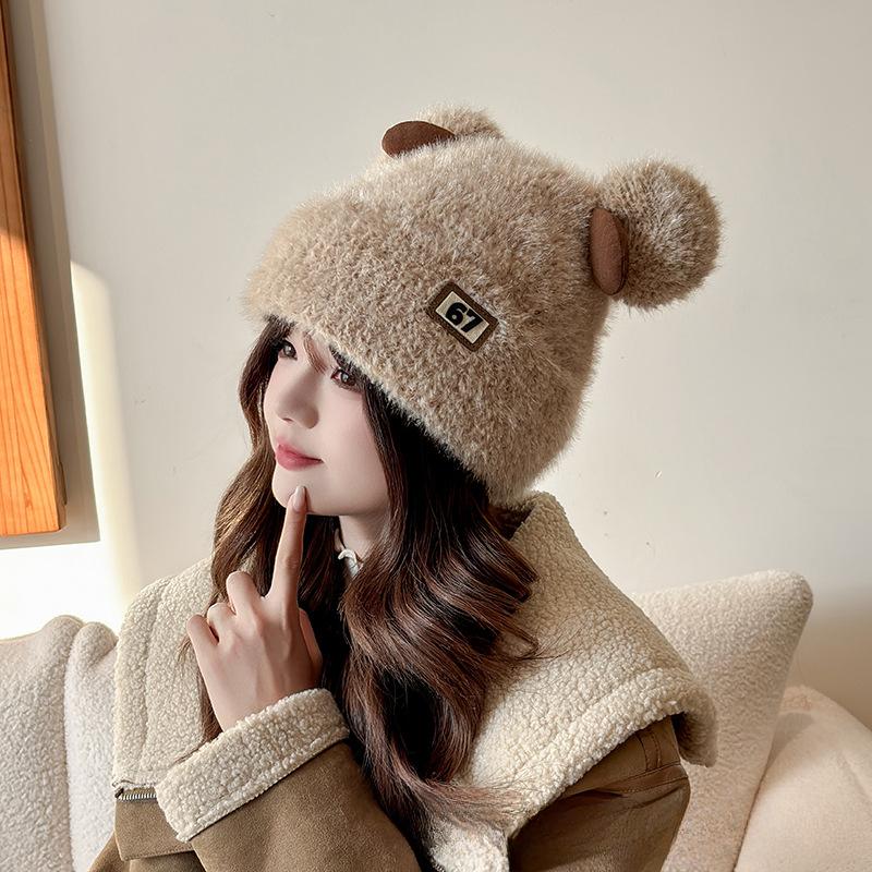 Sweet and Cute Plush Antler Knitted Hat for Women In Autumn and Winter Warmth and Thick Ear Protection Versatile Face Showing Small Knitted Hat