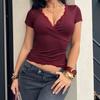Damen Spitze Besatz Tiefer V-Ausschnitt Wickel Cropped Top Schmale Passform Kurzarm T-Shirt