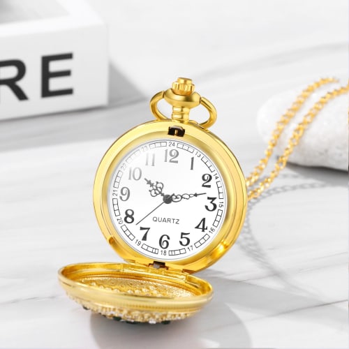 Retro Antique Gold Pocket Watch Necklace: Analog Display, Waterproof, Rhinestone, Petal Design, Pendant Watch, Pocket Watch with Sweater Chain, Golden