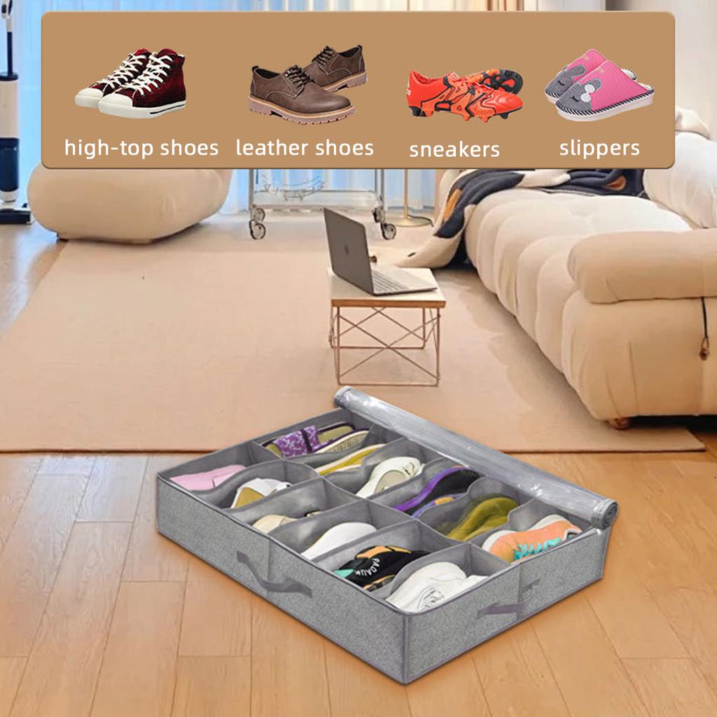 Under Bed Shoe Storage Box 12 to 16 pairs Shoes Organizer for Closet Underbed Shoe Containers with Clear Cover