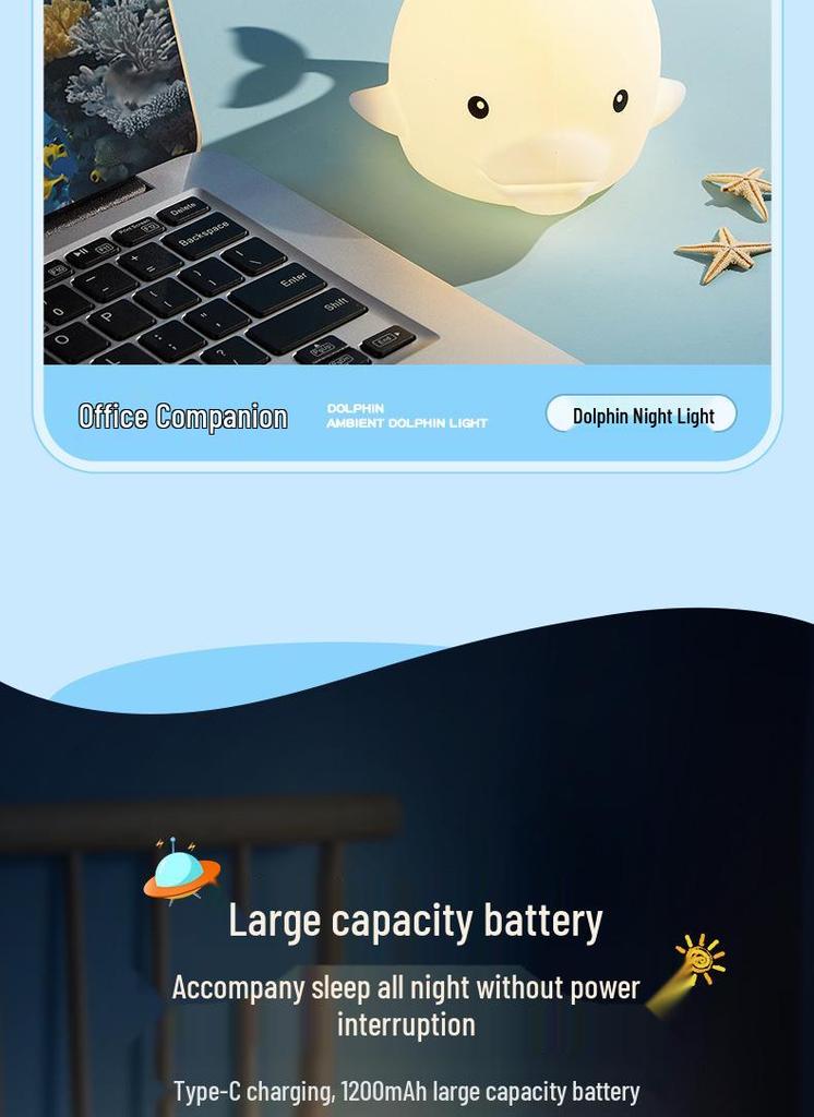 Dolphin Rechargeable Two-Speed Silicone Night Light with Remote for Kids