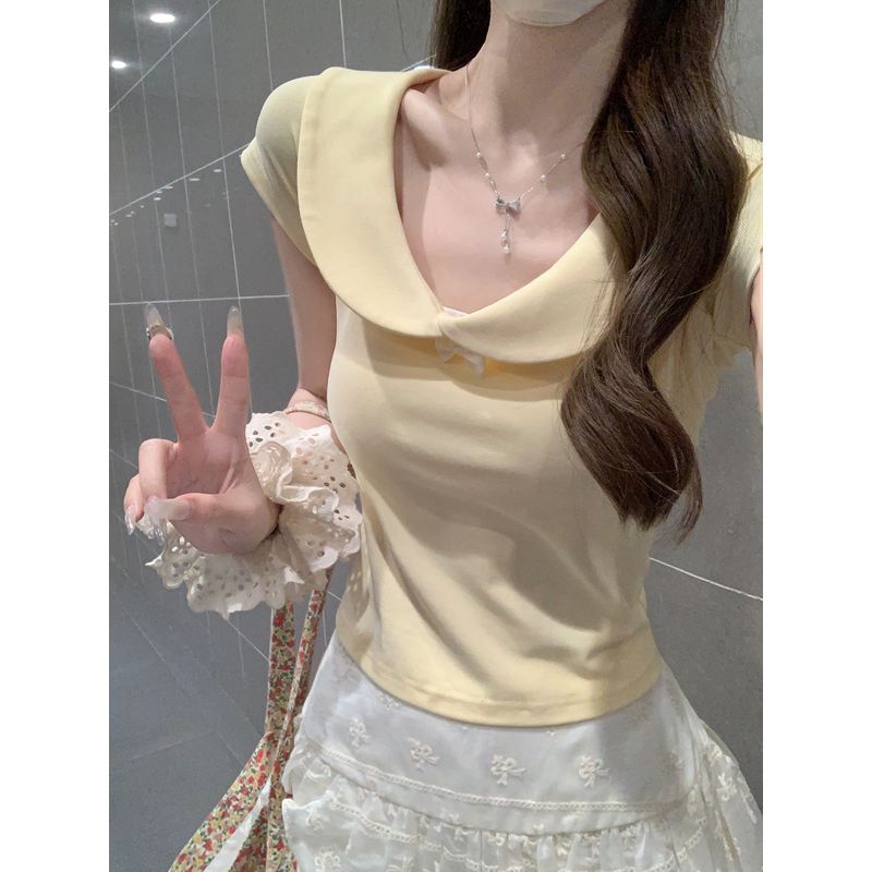 Kumikumi Sweet Style Cute Doll Collar Short sleeve T-shirt Women clothes Summer Slimming All-Match Age-Reducing Chic Top