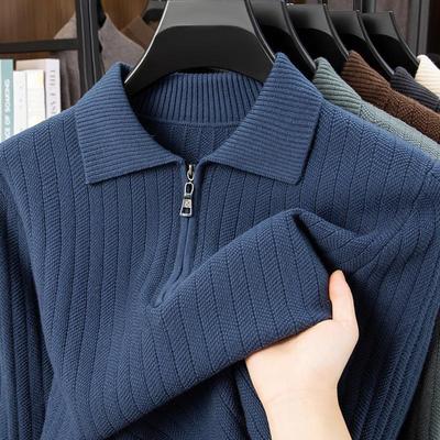 Heren Half-Zip Gebreide Poloshirt voor Middelbare Leeftijd - Dik Effen Kleur Trui voor Herfst en Winter