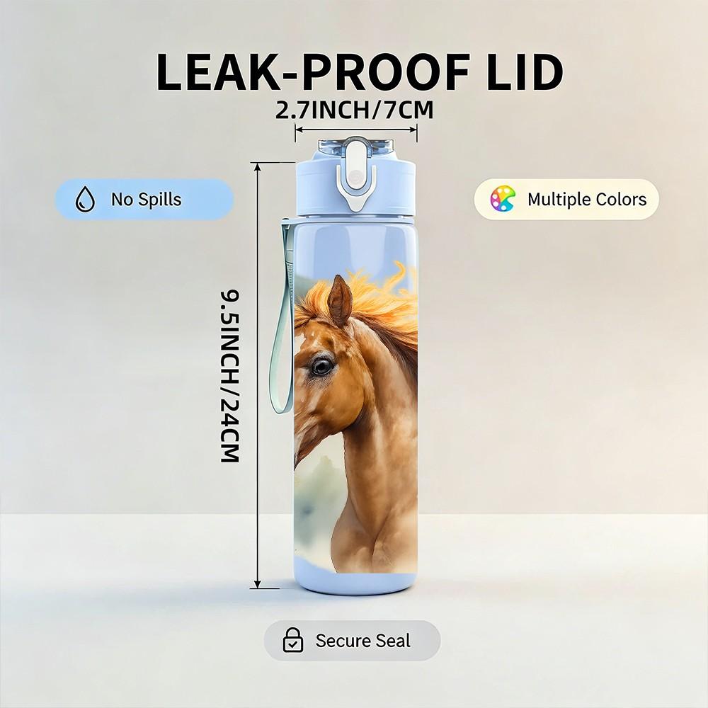 1PC Chestnut Brown Horse Head Print 750ml Color Plastic Sports Water Bottle Leakproof Flip Straw Lid Suitable for Sports Office Home Use