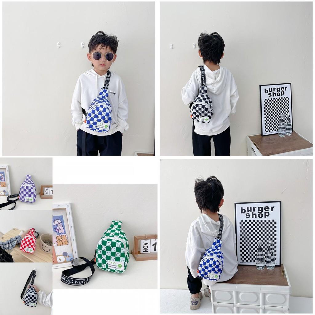 Stylish Checkered Pattern Kids Backpack For Boys And Girls Featuring Cheerful Face Design