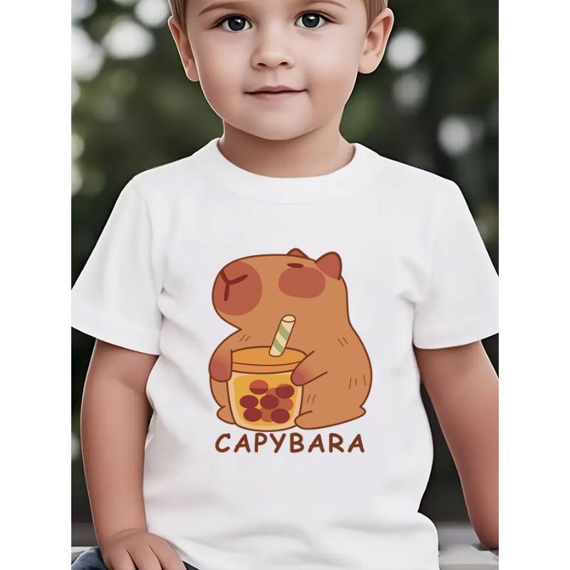 European sizes Summer Fashion Boys Short-Sleeve T-Shirt CAPYBARA Cartoon Element with Capybara Holding Bubble Tea Print Outdoor Casual Top 110