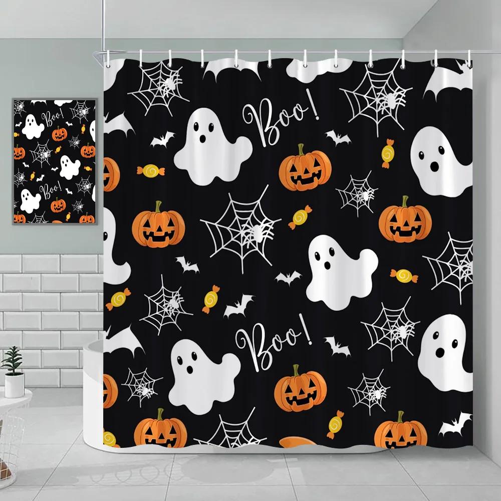 Unframed Halloween Shower Curtain Autumn Pumpkin Farm Cars Maple Leaf Bat Castle Witch Ghost Skeleton Bathroom Decorative Shower