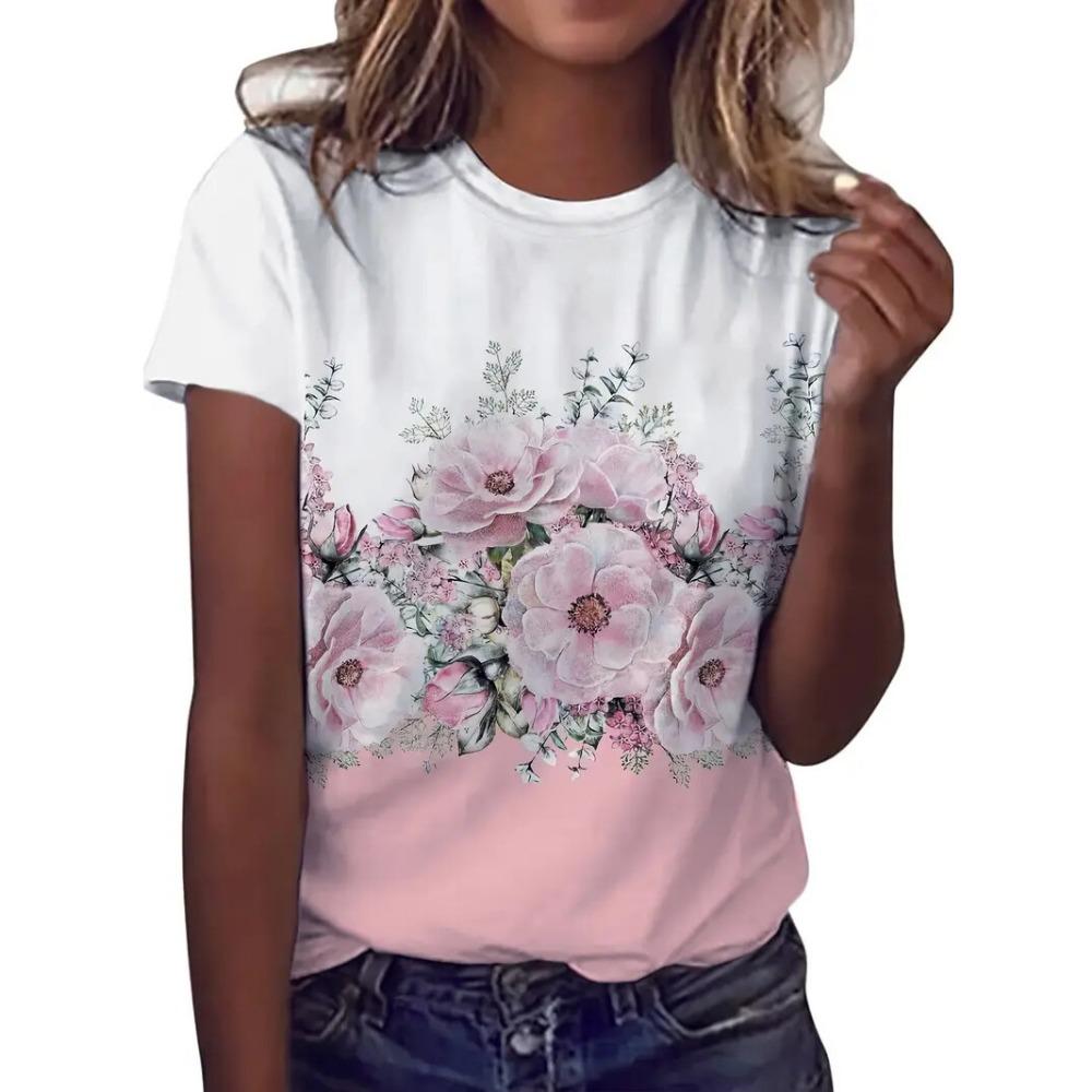 

Women Flower Graphic Print Casual Short Sleeve Crew Neck Summer Street Fashion Tops Outdoor Clothes 3XL