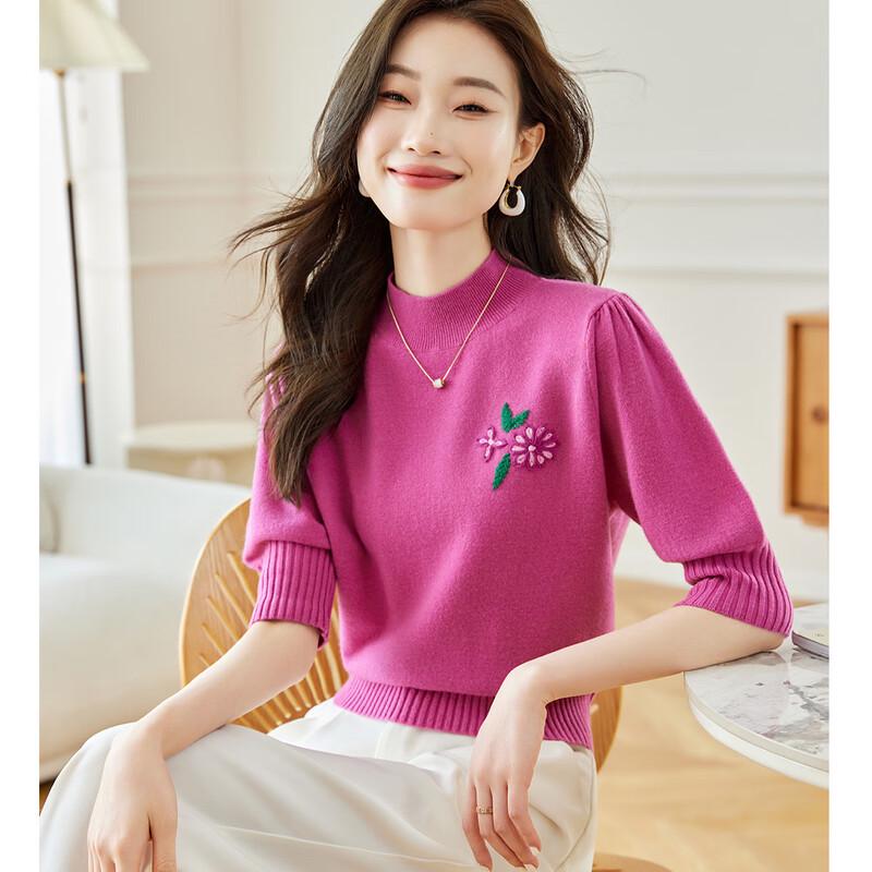 

Women s Petite Pure Wool Embroidered Mock Neck Mid-Sleeve Sweater XL