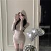 Spice Girl Sexy Hooded V-neck Dress Women's Autumn and Winter New Temperament Advanced Tight and Thin Inner Hip Skirt