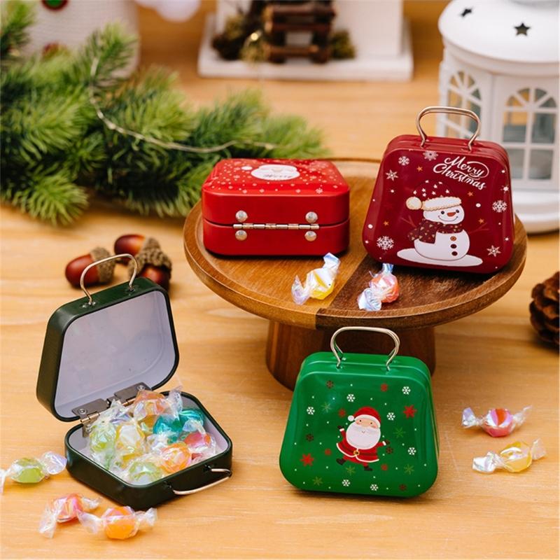 2Pcs Portable Christmas Iron Candy Container Christmas Cheer Candy Holders Snacks Case with Colorful Seasonal Pattern