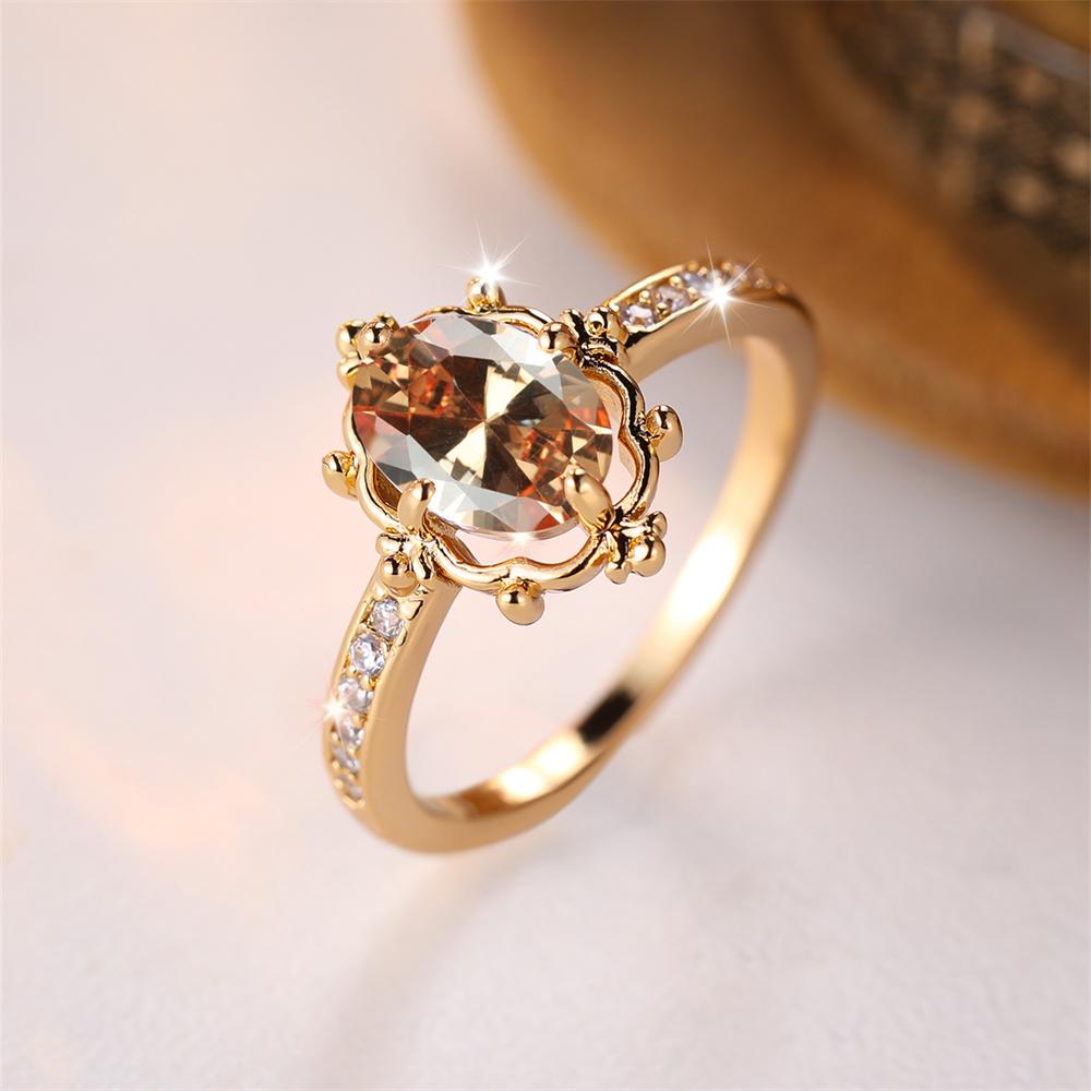 Champagne Zircon Egg Shape Stone Ring Luxury Crystal Oval Engagement Rings For Women Vintage Gold Color Wedding Jewelry