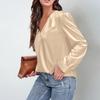 Women's V,Neck Casual Loose Satin Ruched Long Sleeve Work Blouse