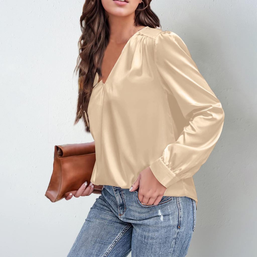 Women's V,Neck Casual Loose Satin Ruched Long Sleeve Work Blouse