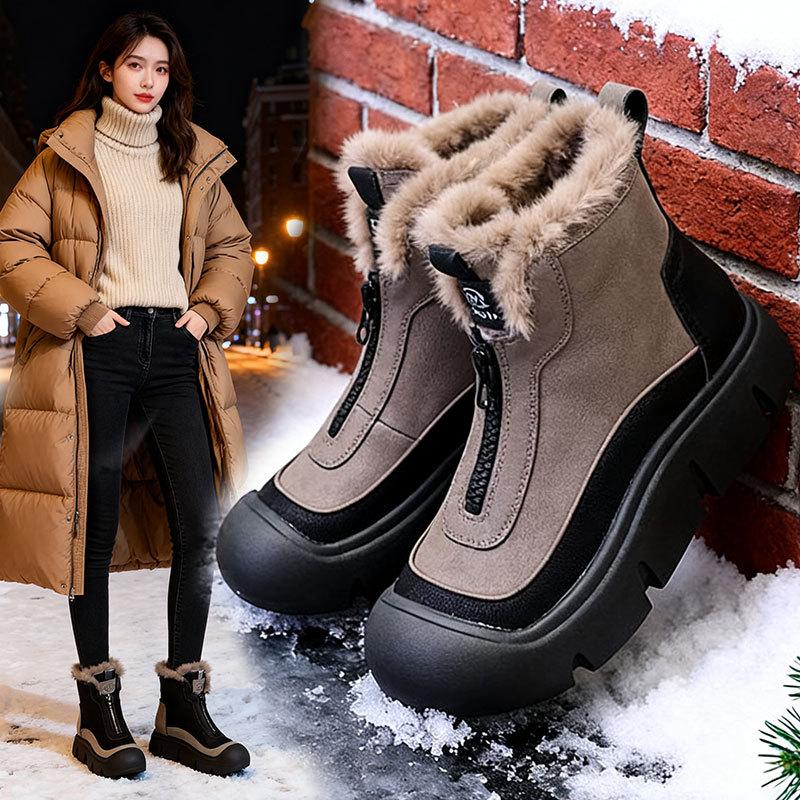 Women's Retro Zipper Fashion Lightweight Soft Sole Winter Warm Plush Snow Boots Lined with Fleece Non-slip Casual Sports Cotton Boots