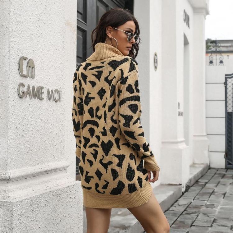 Women Casual Leopard Print Knit Sweater Dress Spring Fall Loose Waist Straight Collar Full Sleeve Above Knee Mini S-L
