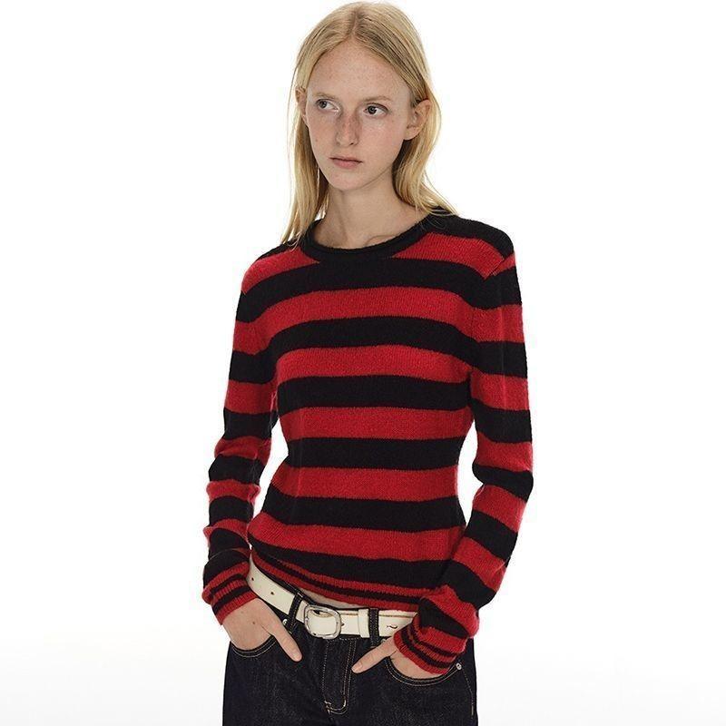 Retro Color-blocked Striped Long-sleeved Sweater for Women Korean Style Lazy Loose Round Neck Pullover Autumn and Winter Sweater