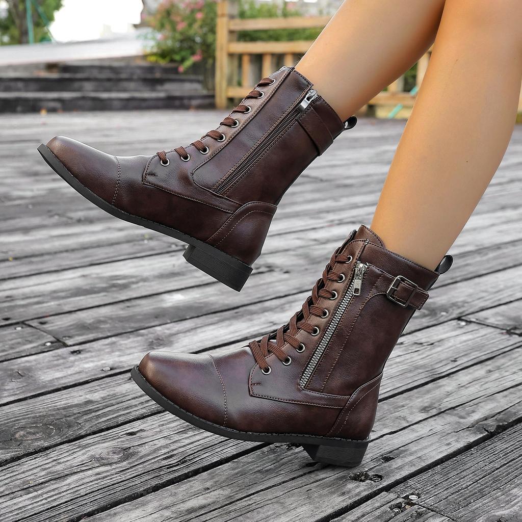Large Size European Beautiful Women's Boots Autumn and Winter New Belt Buckle Low Heel Martin Boots Medium Boots Women