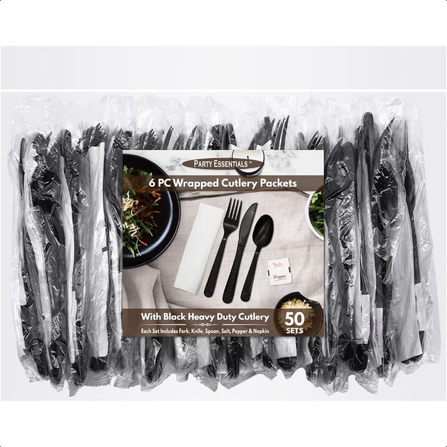 Individually Wrapped Plastic Cutlery Packets Heavy Duty Silverware Kits Fork Spoon Knife Napkin Salt Pepper 50 Utensils Sets Bl