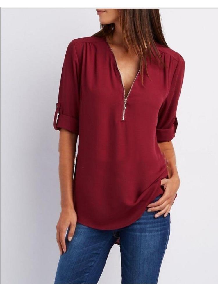 Women's Plus Size Loose Fit V-neck Chiffon Shirt with Long Sleeves and Adjustable Zipper