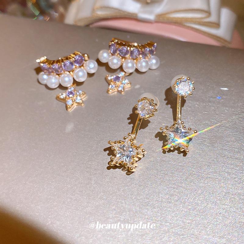Early Summer Love Song~ Super Sparkling Zircon Round Star Stud Earring Clip Set Light Luxury Advanced Sense No Ear Piercing Ear Bone Clip