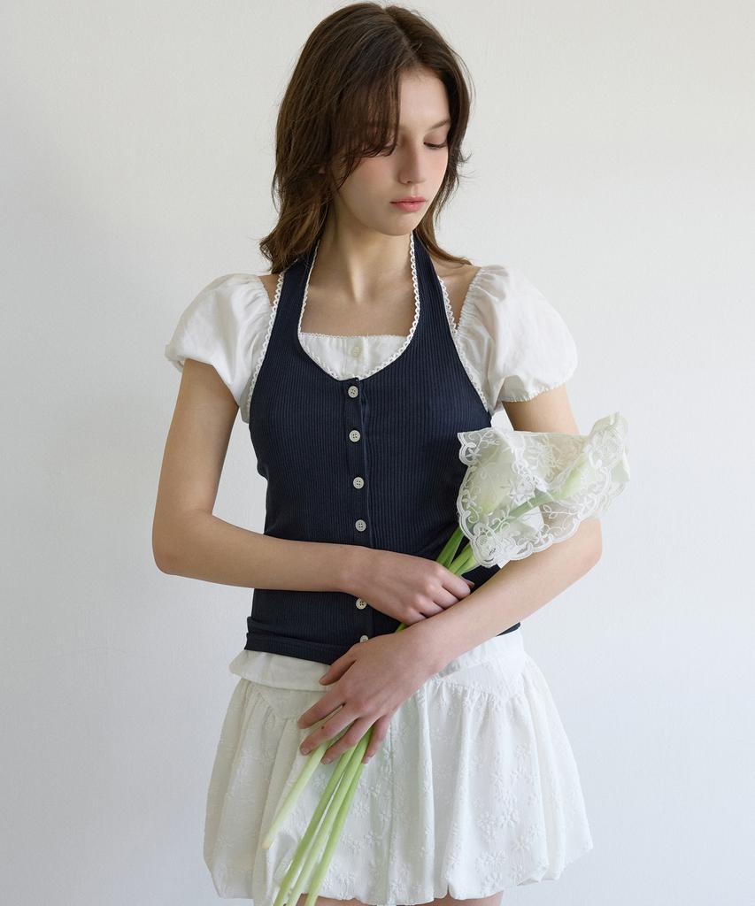 LETTER FROM MOON Lace Button Halterneck Top (Navy)