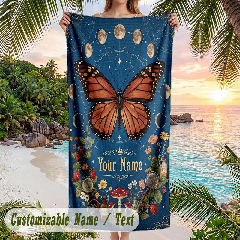 Butterfly Art Nouveau Theme Quick Dry Beach Towel Custom Name Text Print Large Sand Resistant Towel Beach Vacation