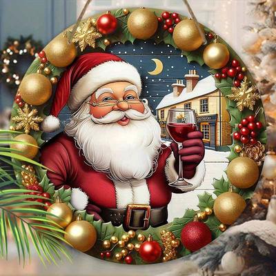 Cartello di Natale in legno con motivo di Babbo Natale gentile - Cartello rotondo Navidad per decorazione da appendere alla parete della porta d'ingresso - Decorazione natalizia ideale