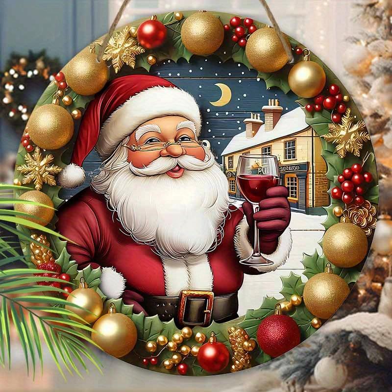 Wooden Christmas Sign with Kindly Santa Claus Pattern - Navidad Round Sign for Front Door Wall Hanging Decor - Ideal Christmas Decoration