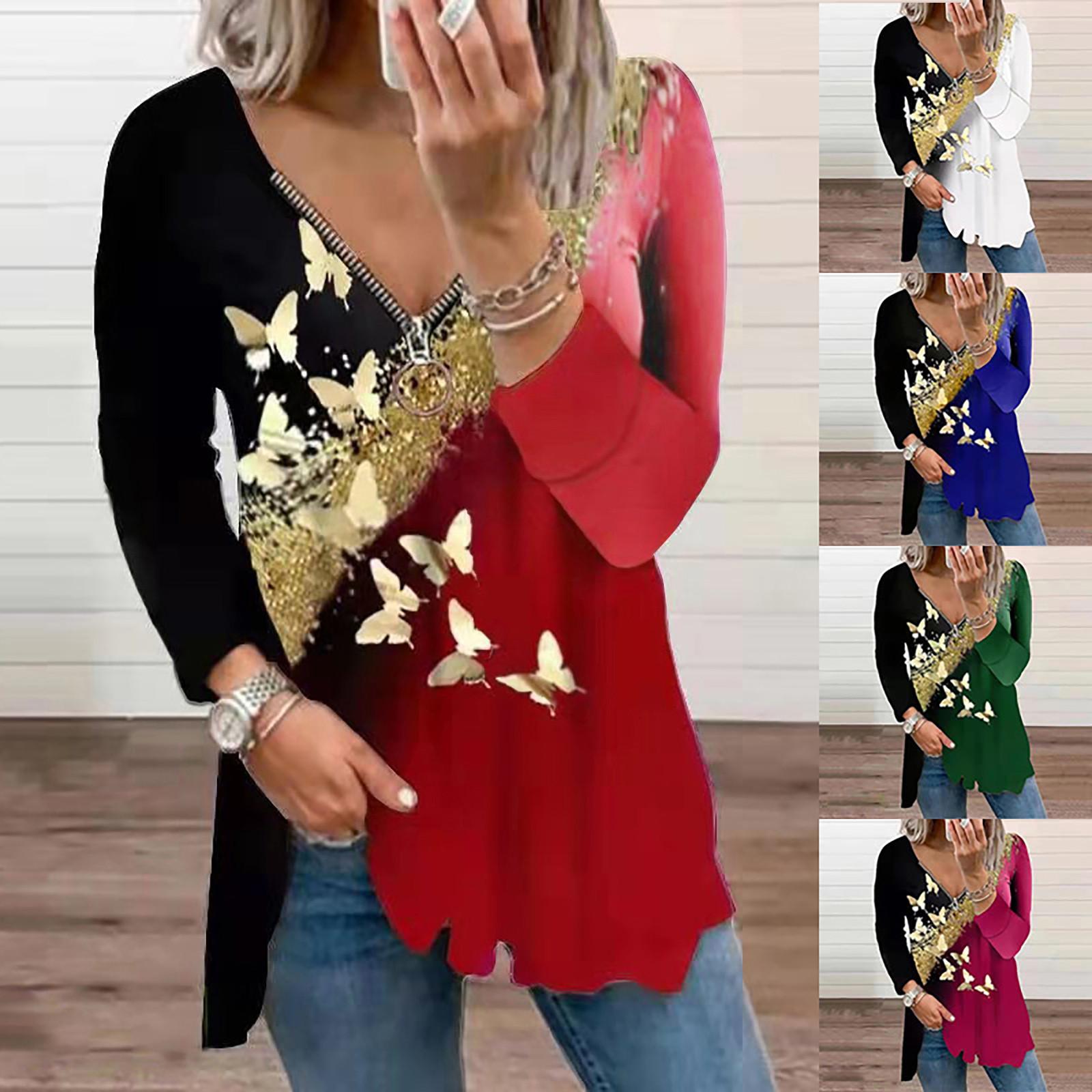 

Женская мода, повседневная свободная длинная футболка с длинными рукавами и v-образным вырезом, застежкой-молнией на талии и принтом, топ