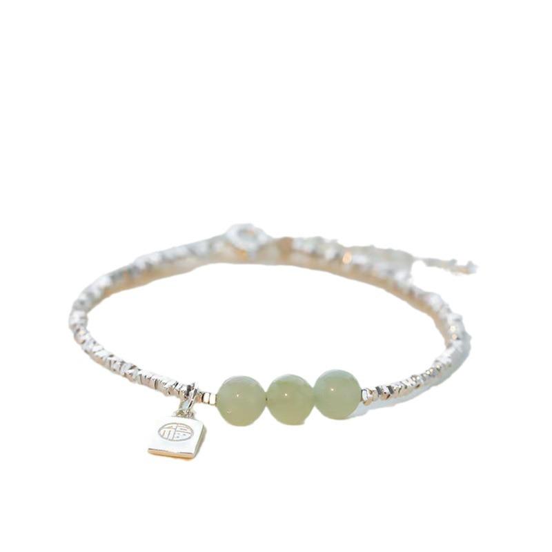 2024 Modern Chinese Hetian Jade & Silver 'Fu' Charm Bracelet for Women - Luxe, High-End Design with Jade Beads