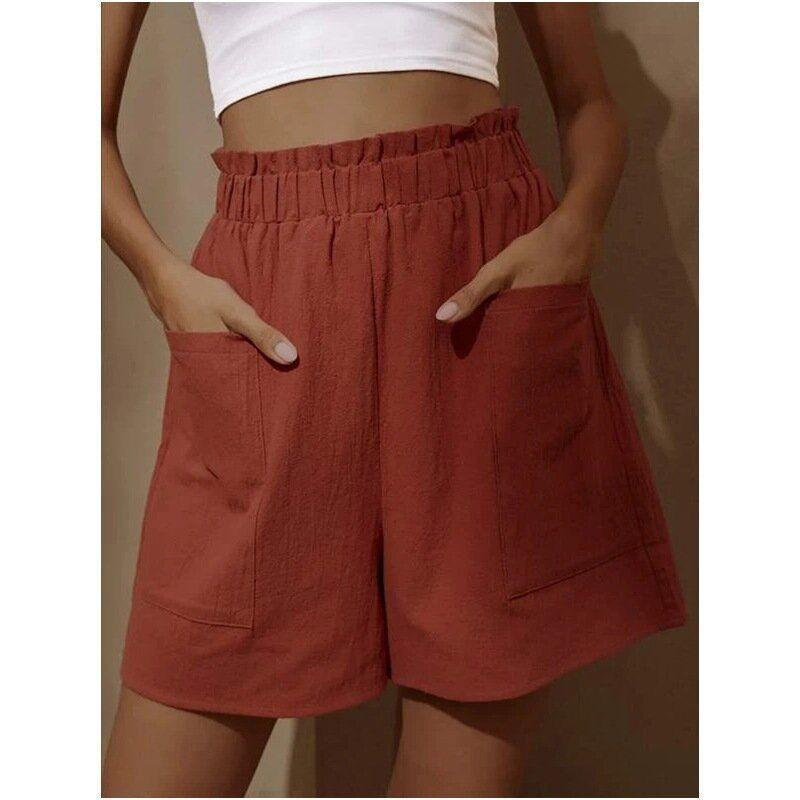 

2025 Summer Women s High Waist Fashion Plus Size Cotton Linen Shorts - Versatile and Casual European & American Style 2XL кирпич красный