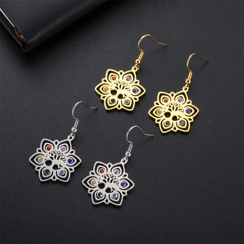 Chakra Lotus Mandala Earrings Tree of Life Colorful Zircon Stainless Steel Dangle Earrings Spiritual Jewelry Yoga Meditation
