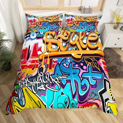 Hip Hop Lata 90 Graffiti Pełnowymiarowa Poszewka na KołdręVintage Rolkarstwo Pościel dla Dzieci NastolatkówHippie Muzyka Słuchawki Poszewka na Kołdrę
