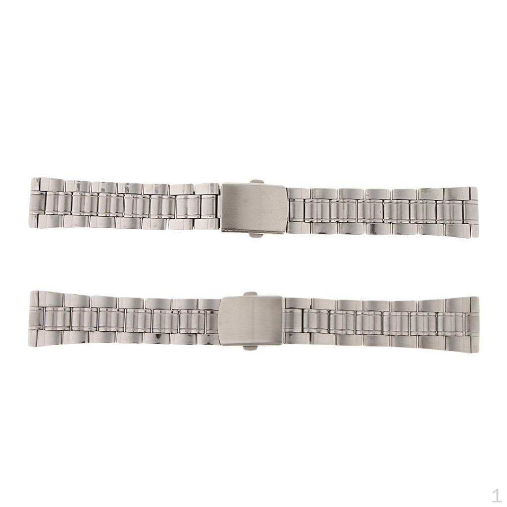 2pcs Men Watch Band Solid Stainless Steel Strap Silver Folded Clasp