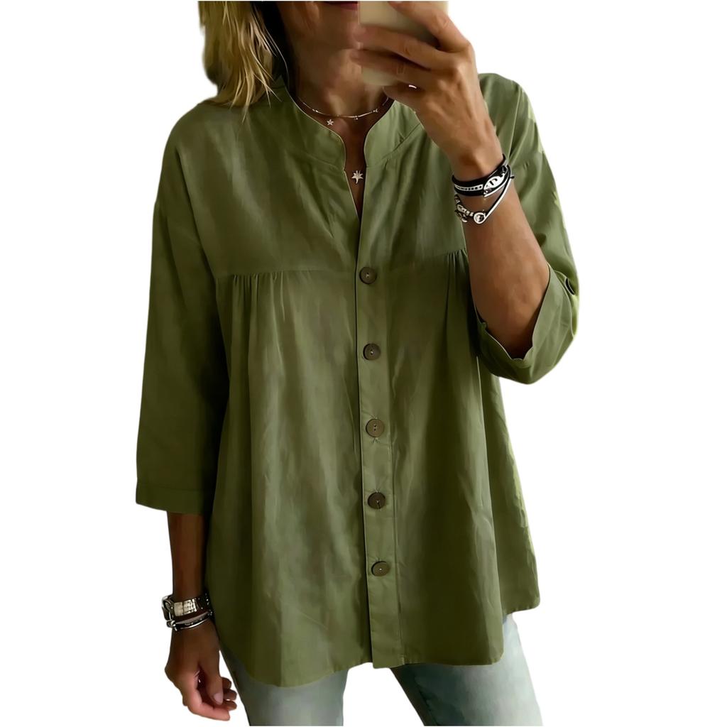 Women Casual Vintage Style Solid Color Button Down Shirt 3/4 Sleeve Loose Fit Blouse Lightweight Comfortable Fabric