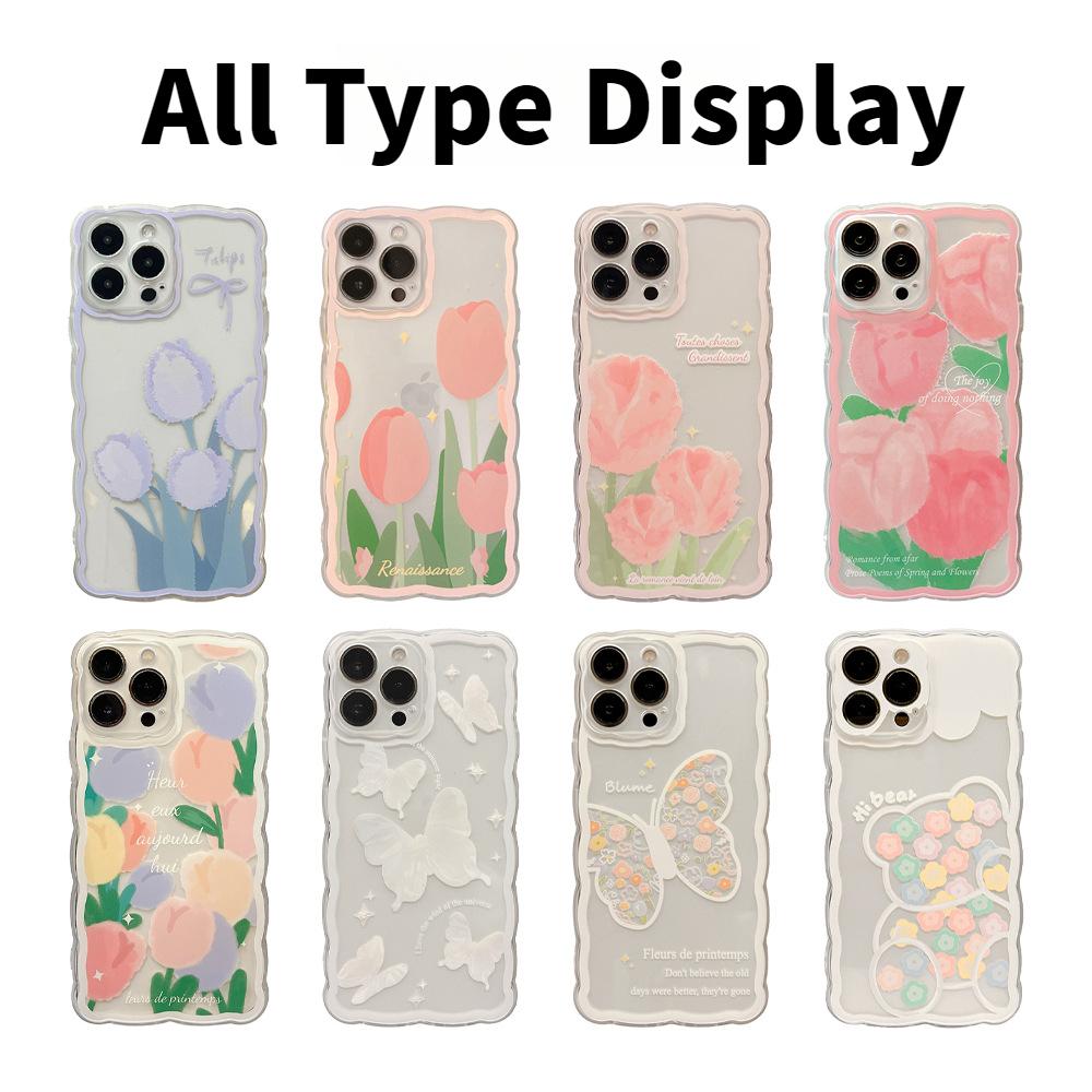 Tulip Phone Case for Apple iPhone16promax-Wavy Tulip Cute Bear Butterfly Shockproof Soft Silicone Cover on iPhone16/15/14/13/12/11/Pro/Promax/Plus