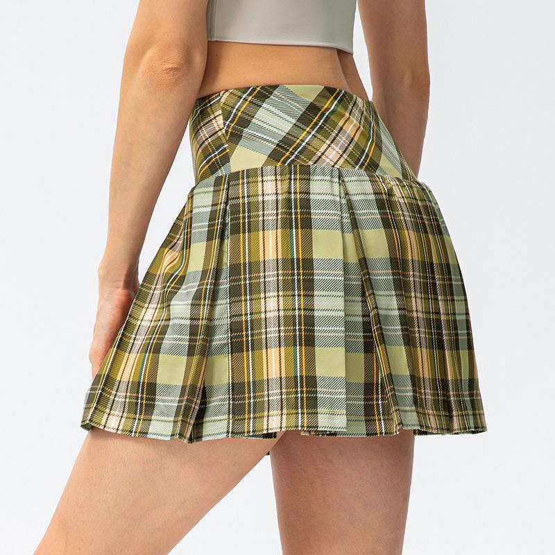 Women's Plaid Sports Skirt Pleated Skirt Outdoor Running Dance Anti-exposure Double-Layer Skirt Pants Yoga Tennis Skirt