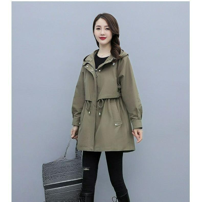 Tooling Windbreaker Women's Mid-length Spring and Autumn Clothes Loose Casual Fashion Army Coffee Color Hooded Jacket Trend